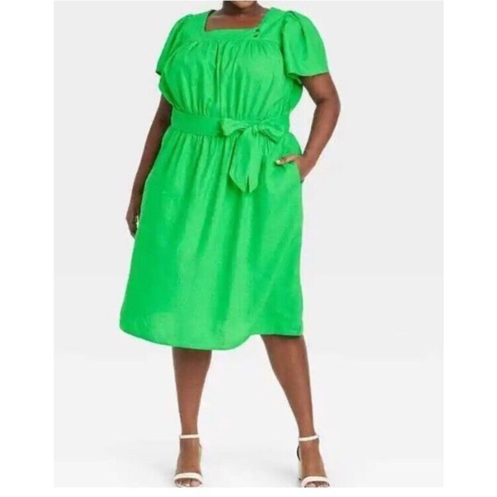 Who What Wear XXL 1x 18 Green Linen Blend Midi Dress Retro Square Neck Pockets